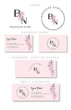 three business cards with pink flowers and the letter pn in black ink on a white background