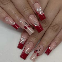 Red French Tip Design Nails, Red Nail Designs Cherry, Simple Nails Ideas Square, Red Back To School Nails, Red Nails Cherry Design, Short Medium Nail Designs, Black Nails With Red Design, Red Nails Easy, M Initial Nails