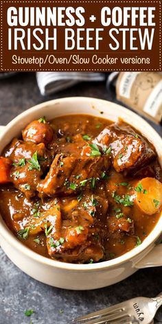 guinness and coffee irish beef stew in a white bowl
