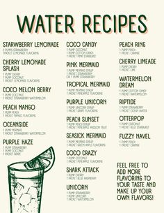 a menu for water recipes on a white background