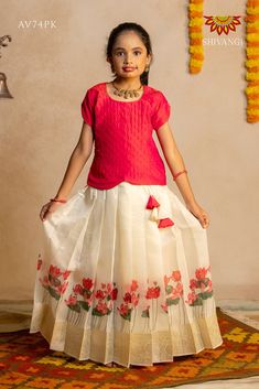 Onam Collection -  Pink Beaded Onam Floral Pattu Pavadai -  Quick overview: Top Color       : Pink Skirt Color     : Half-white Neck Type      : Round Neck Sleeve Type   : Normal Sleeve Material         : Organza With Lining Attached  Wash Care     : Dry wash | Do not wrinkle | Low iron. Kids Onam Dress, Onam Dress For Kids, Onam Dress, Langa Blouse, Pattu Pavadai, Frock Dress, Dress Unique, Pink Beaded, Pink Skirt