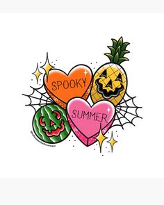 the words spooky, summer, and pineapple are arranged in heart shapes