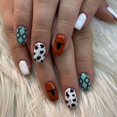 Summer Nail Art, Cowgirl Nails, Cow Print Nails, Print Nails, Summer Nail