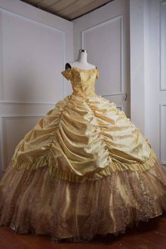 Quinceanera Dresses Yellow, Royal Aesthetic Princess, Belle Ballgown, Princess Dresses Aesthetic, Yellow Quinceanera Dress, Yellow Ballgown, Quinceanera Dresses Gold, Beauty And Beast Wedding, Poofy Dress