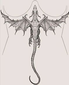 a black and white drawing of a dragon with its wings spread out to the side