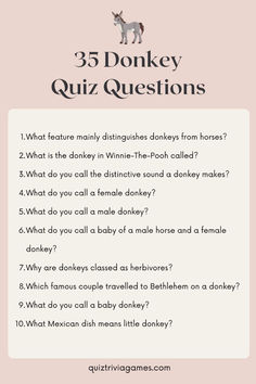 a question card with an image of a donkey and the words, 3 donkey quiz questions