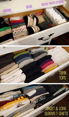 an organized drawer with clothes and t - shirts on it, labeled under the drawers
