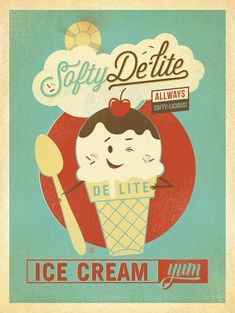 an ice cream advertisement with a cartoon character holding a spoon