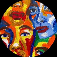 an abstract painting of three faces in different colors