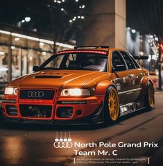 an orange car parked in front of a building at night with the words north pole grand prix team mr c