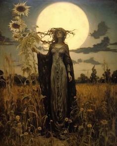 a painting of a woman in a field with sunflowers and the moon behind her