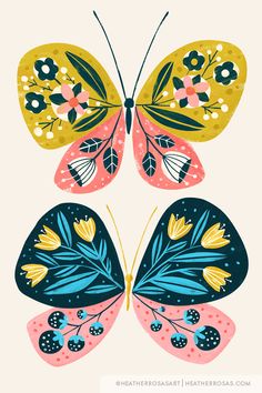 a colorful butterfly with flowers and leaves on it's wings is featured in this illustration