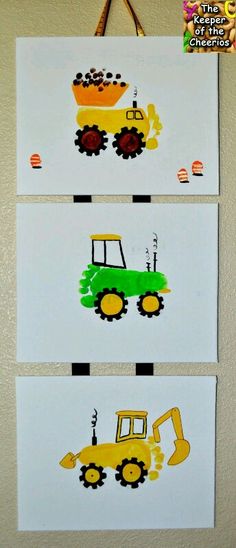 three pictures of construction vehicles painted on white paper