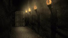 a dimly lit hallway with three torches in the dark