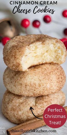 cinnamon cream cheese cookies stacked on top of each other with the words perfect christmas treat