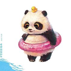 a panda bear with a life preserver floating in the water on a white background