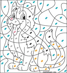 a coloring page with an image of a cat in blue and orange colors on it