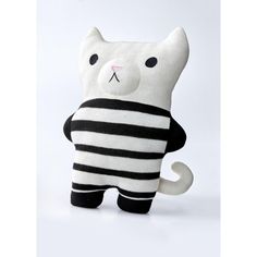 a white cat with black stripes on it's body is standing in front of a white background