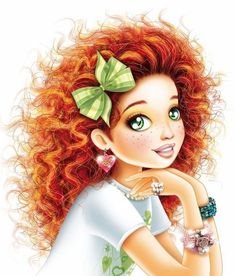 a cartoon girl with red hair wearing a green bow and white shirt, looking at the camera