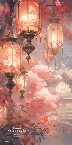 lanterns hanging from the ceiling in front of pink flowers