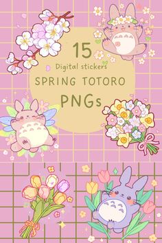 an image of spring totoro stickers on a pink background with flowers and animals