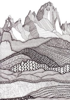 a black and white drawing of mountains with lines on the top, one mountain is in the distance