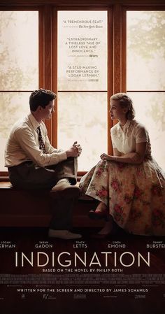 a movie poster for the film indignation with two people sitting on a window sill