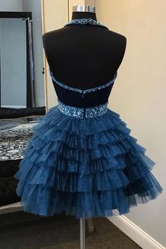 Halter Blue A Line Ruffles Short Homecoming Dress With Beading Sequins – DressTok.co.uk Homecoming, Homecoming Dresses, Short Homecoming Dress, Ruffle Shorts, Homecoming Dresses Short, Stretch Satin, Prom Dresses Short, Ruffle Skirt, Cocktail Dress Party