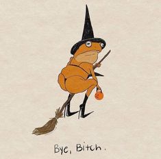 a drawing of a cartoon character holding a broom and wearing a witch's hat