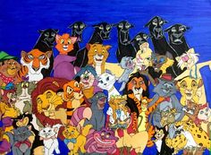 a group of cartoon cats standing next to each other on a blue background with one cat in the middle