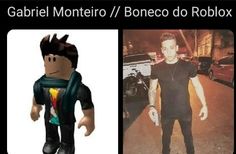 an image of a man in black shirt next to a roblox photo and text that reads, gabril montero / boneco do robbox