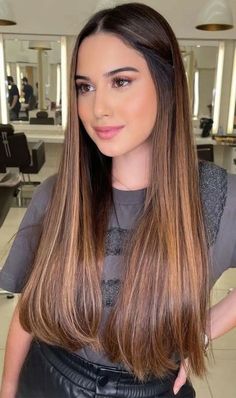 Balayage, Long Brown Straight Hair With Highlights, Balayage For Brown Eyes, Hair Color Ideas For Long Straight Hair, Brown Balayage On Straight Hair, Straight Hair Baylage, Brown Balyage Long Hair Brunettes, Light Brown Highlights Straight Hair, Dark Hair Golden Highlights