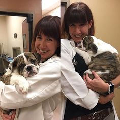 two women are holding puppies in their arms