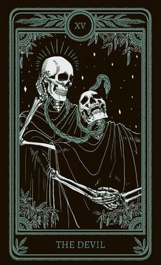 a skeleton holding a human skull in the middle of a tarot card with text that reads
