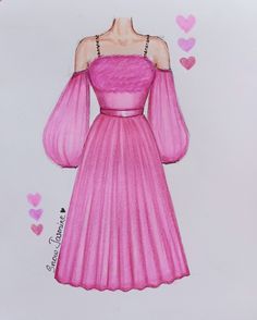 a drawing of a woman in a pink dress with hearts around her neck and shoulders