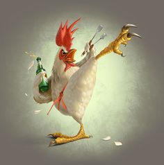 a chicken holding a beer and whisk in it's beak while standing on its hind legs