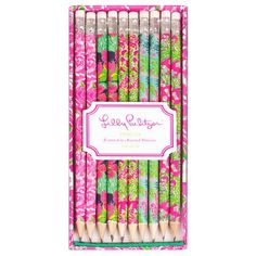 pink and green floral pencils in a box