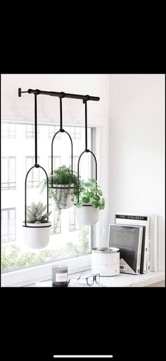 three hanging planters with plants in them on a window sill next to a laptop