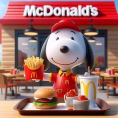 a cartoon character holding a hot dog and french fries in front of a mcdonald's restaurant