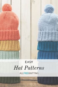 three knitted hats with text overlay that says easy hat patterns