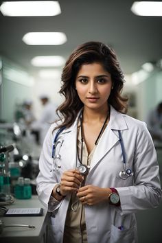 a woman in a lab coat holding a stethoscope and looking at the camera