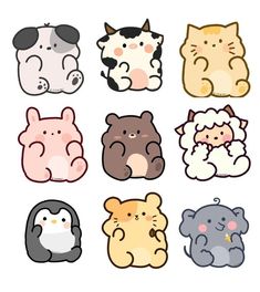 six different animal stickers in various colors and sizes, each with an adorable face