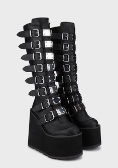 Demonia Swing-815 Buckle Knee High Platform Boots - Black – Dolls Kill Demonia Trinity Boots, Demonia Swing 815, Trinity Boots, Demonia Swing, Goth Platform Shoes, Emo Boots, Platform Boots Outfit, Shoes Platform Boots, Goth Platforms