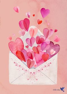 an envelope with hearts coming out of it and flying into the air on a pink background