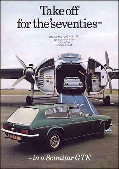 an old car parked in front of a small plane with the words take off for the seventies