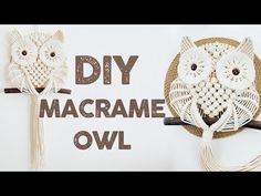 two owls made out of yarn sitting on top of each other next to the words diy macrame owl