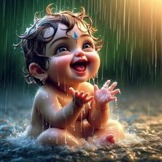 a baby sitting in the rain with his hands up and mouth wide open, smiling