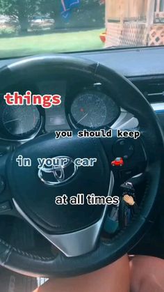 the inside of a car with an image of a steering wheel and words that say things you should keep in your car at all times