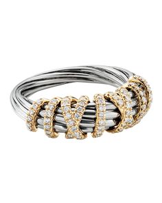 David Yurman ring from the Helena Collection. Twisted, tapered sterling silver band. 18-karat gold wrap with white diamonds. 0.33 total diamond carat weight. Approx. 8mm (0.3"). Yurman Ring, Diamond Wrap Ring, David Yurman Ring, How To Wear Rings, Mikimoto Pearls, Luxe Jewelry, Bold Rings, David Yurman Jewelry, Gold Wrap