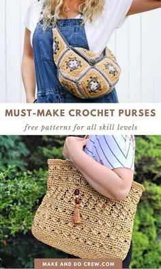 a woman holding a crochet purse with the words must make crochet purses free patterns for all skill levels